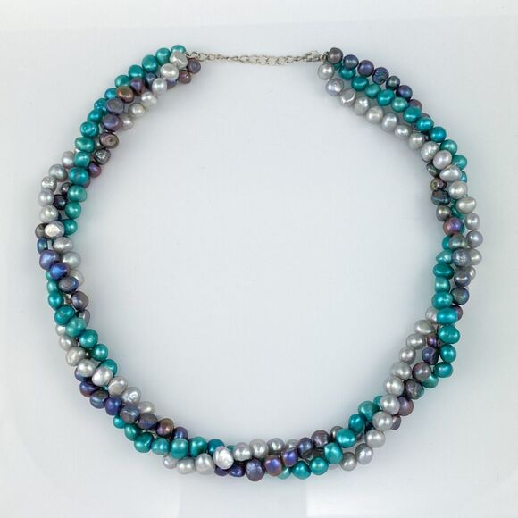 Sterling Silver 925 Clasp Multi Strand Purple Gray Blue Pearl Necklace 17"-18.5" - Picture 2 of 5